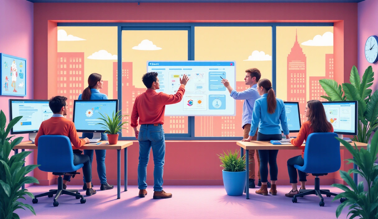 A vibrant illustration of a game development studio with diverse team members collaborating on computers and whiteboards, showcasing creativity and teamwork.