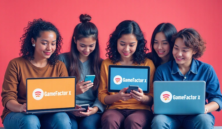 People interacting on social media with GameFactorX branding