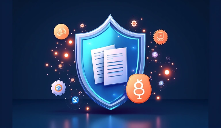 Abstract representation of intellectual property, with interlocking gears and document icons, symbolizing protection and ownership.