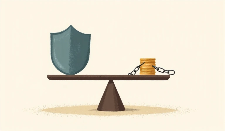 Illustration of a balanced scale with a shield on one side and a broken chain on the other, symbolizing limitation of liability.