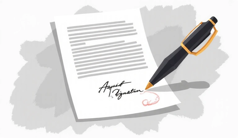 Illustration of legal document with a signature pen, symbolizing acceptance of terms.